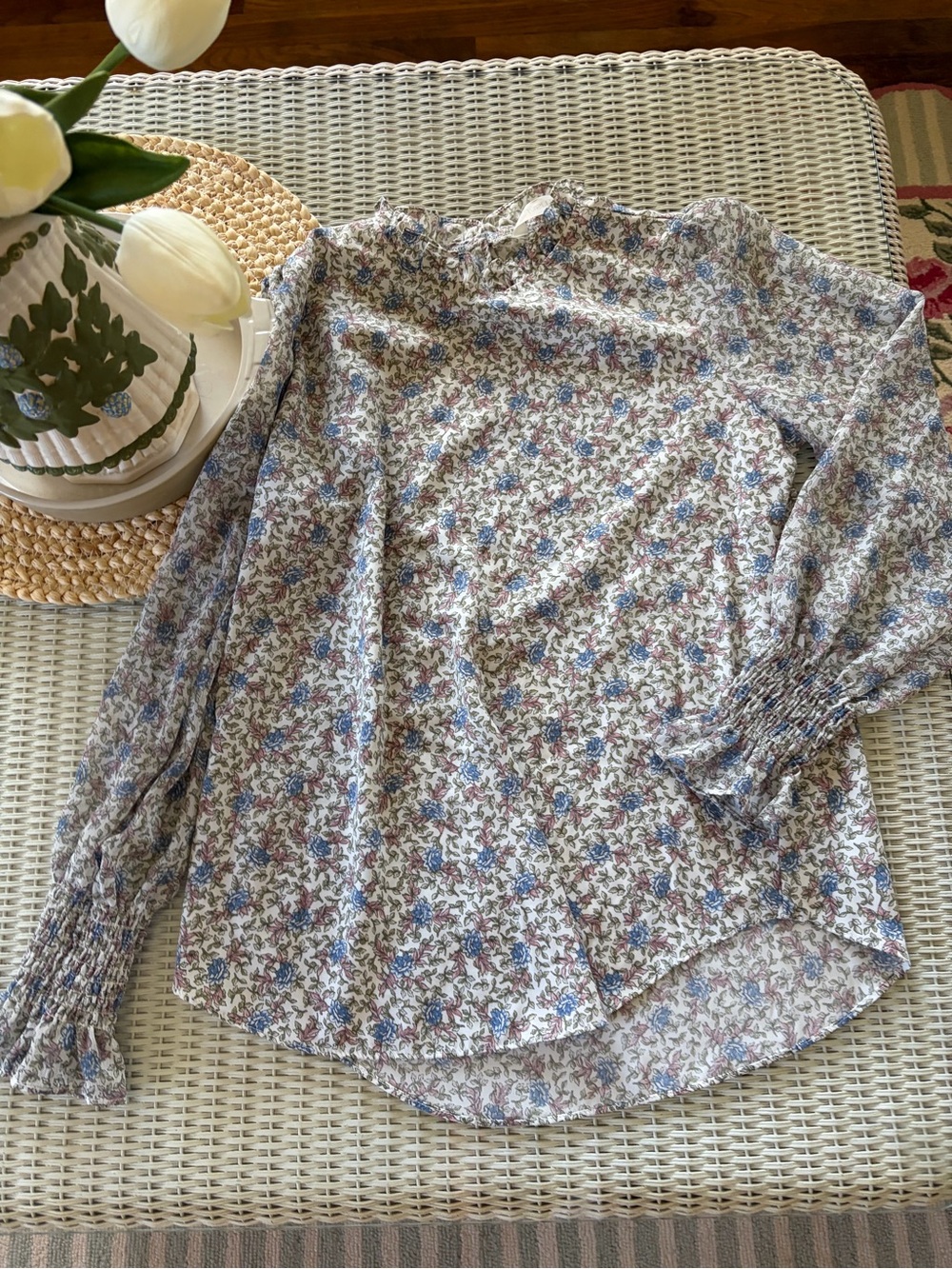 Jasmine Floral Long-Sleeve Smocked Cuff Blouse - Blue Cream Brown